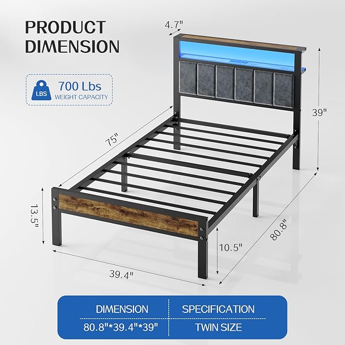 Liians Twin Size Bed Frame with LED Lights, Grey Upholstered Headboard | Platform Bed with 2-Tier Storage Shelf, Charging Station, Noise Free, No Box Spring Needed, Easy Assemably