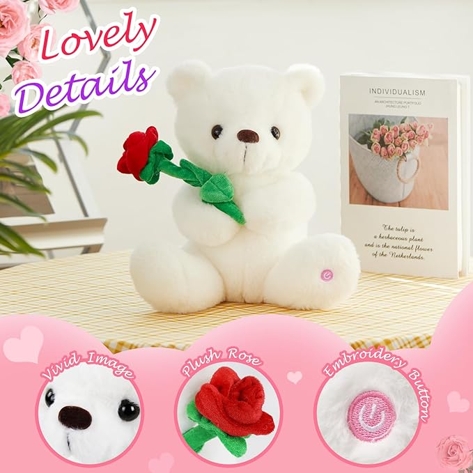 Houwsbaby Glow Teddy Bear with Rose White Bear Stuffed Animal Soft Light Up Plush Toy LED Night Lights Birthday Christmas for Kids Toddler Girlfriend,White,10.5''