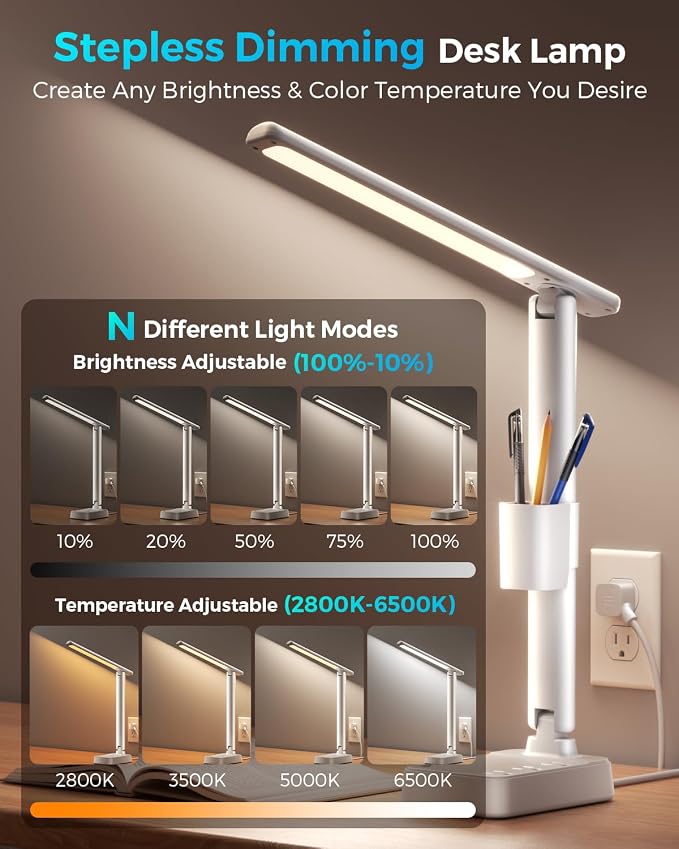 LED Desk Lamp with Power Strip, 3 AC Outlets, 4 USB Ports, Stepless Dimming | 2800K-6500K Color, 2 USB-C, Foldable Design, Timer & Memory, Study, Home Office & College Dorm, 10FT Cord