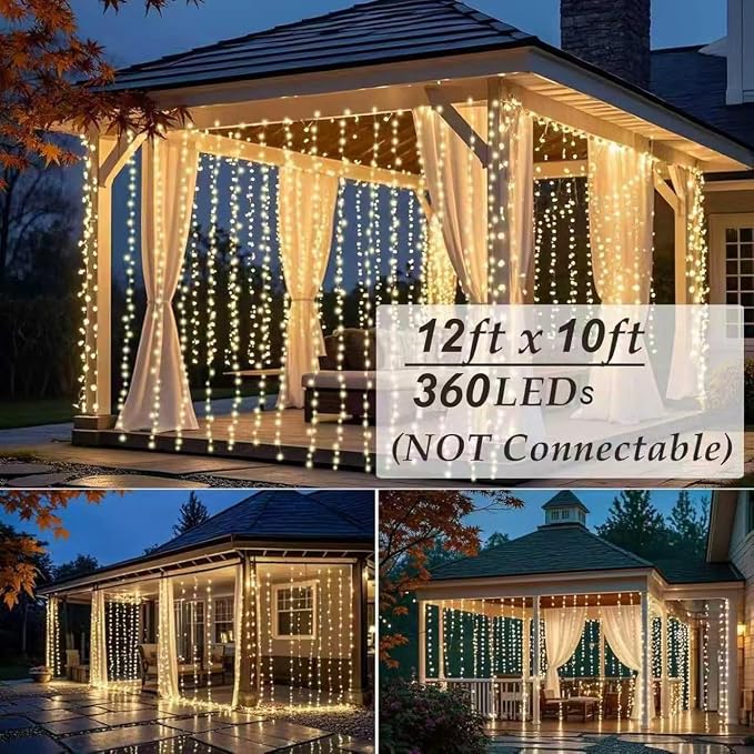 Solhice LED Curtain Lights Outdoor 12ft x10ft, 360 LED Plug in Hanging String Lights Indoor Bedroom, Twinkle Light Backdrop for Outside Wedding Decor, Warm White (Not Connectable)