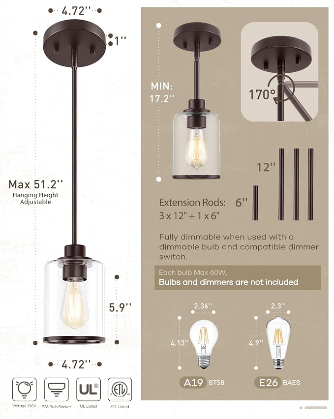 Beionxii Pendant Lights Kitchen Island, Oil Rubbed Bronze Hanging Light | Farmhouse Pendant Lighting, Hanging Pendant Light with Rods for Kitchen Island Dining Room Bedroom Entryway,BX-PL02ORB-CG+R