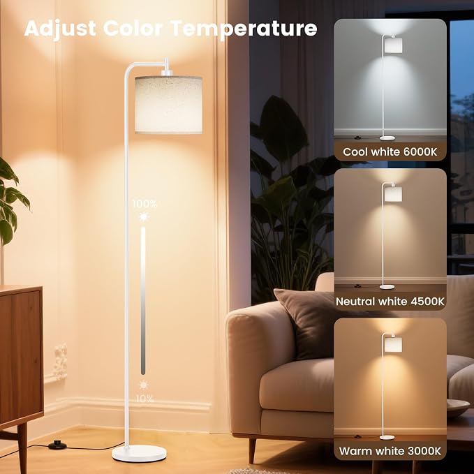 Floor Lamp for Living Room, Tall Standing Lamp with Linen Shade | Dimmable with Remote Control, 3 Color Temperatures, 9W LED Bulb Included, Ideal for Bedroom, Office and Reading Corner