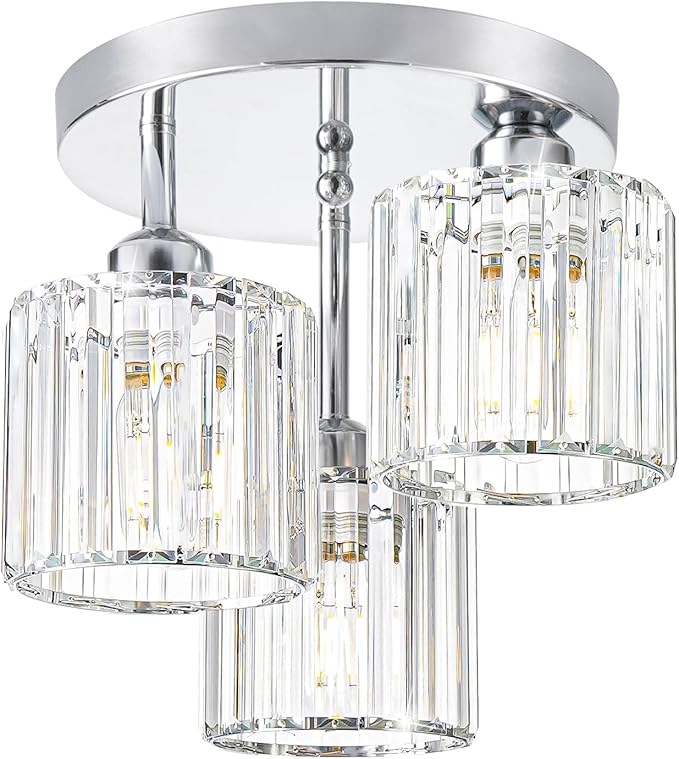Lxybcce Crystal Ceiling Light Fixture, Chrome Semi Flush Mount Ceiling Light Fixture, 3-Light Hallway Lighting with Clear Crystal Shades for Kitchen Entryway Bedroom Bathroom Foyer, E26