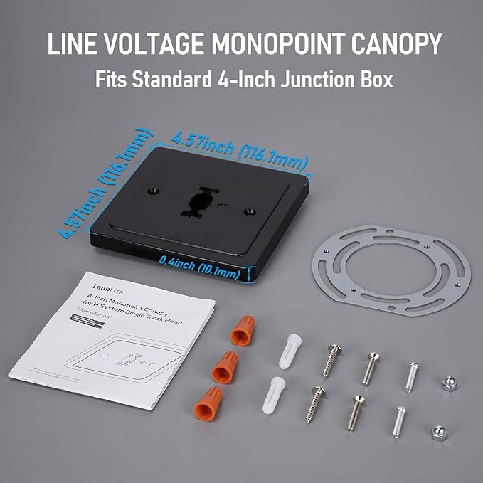 LEONLITE H Track Monopoint Canopy, Convert Track Fixtures and Pendants into Monopoints, ETL Listed, Flame Retardant Material, 120V, for H Type Track Lighting System, Black, Pack of 4
