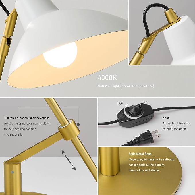 Desk Lamp Modern Industrial 100% Metal Adjustable Table Lamp 24", Natural Light (4000K) with Dimmer, Ideal for Office Bedroom Study Room Living Room Nightstand Bedside Lamps White+Brass