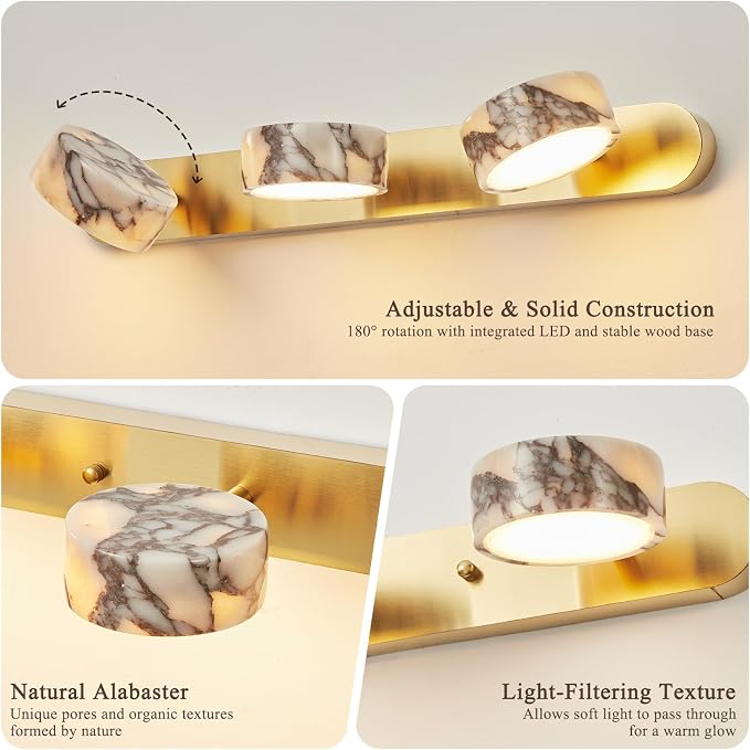 Natural Alabaster Bathroom Vanity Light, 3-Light Adjustable LED Bathroom Light Fixture with Gold Metal Base, 180° Rotatable Marble Wall Sconce for Bathroom Over Mirror, Hallway