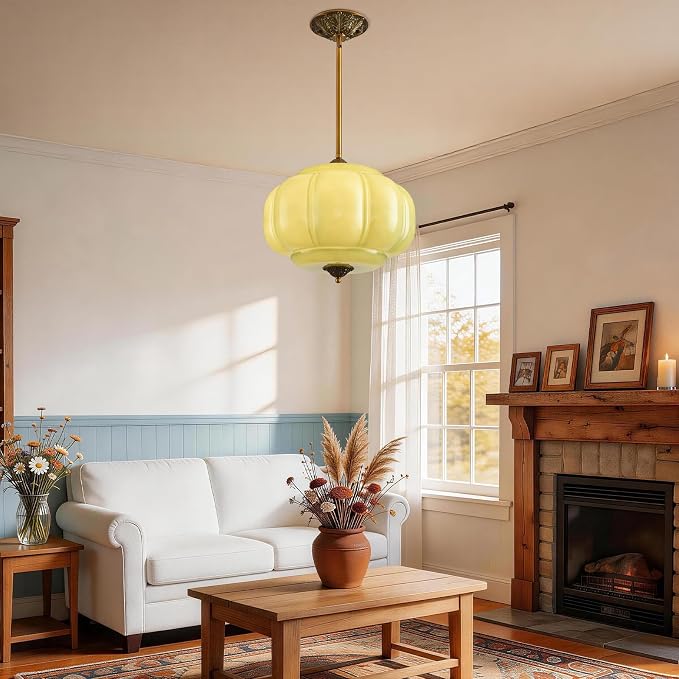 LOUSACE 15 in Vintage Milk Glass Ceiling Light Fixture, Antique Green Milk Glass Pendant Light, Mid Century Art Deco Chandelier for Kitchen Dining Room Hallway Bedroom, LED Bulb Included