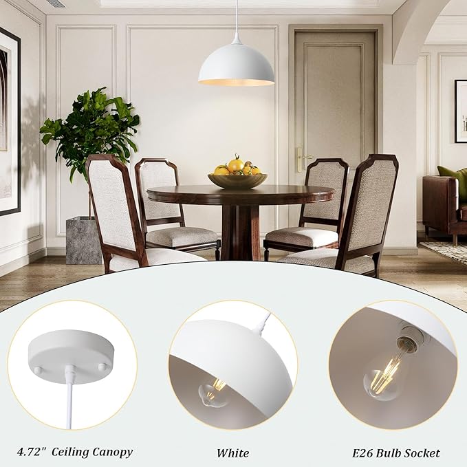 3 Pack White Pendant Lights for Kitchen Island, 11.8" Modern Dome Pendant Lighting Fixtures Farmhouse Industrial Vintage Hanging Ceiling Light Fixture for Dining Room Foyer Hallway Bar Cafe Kitchen