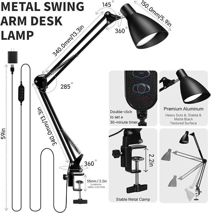 Swing Arm Desk Lamp with Clamp, Adjustable Arm LED Clamp on Desk Lamps with 5 Color Modes and 10 Brightness for Home Office Reading Drafting Study (Black)