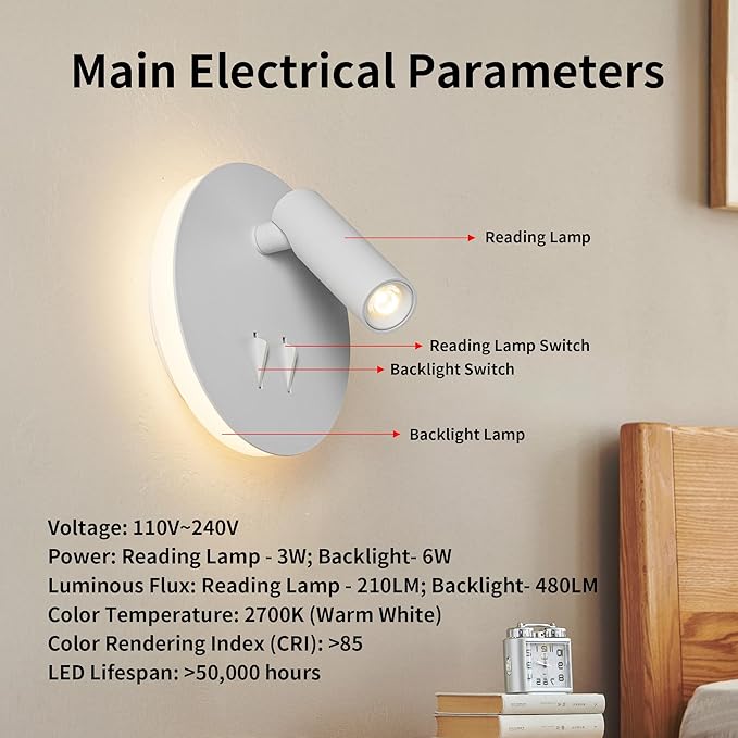 Modern Minimalist LED Wall Sconce,Hardwired 2-Light Reading Backlight,Dual Light Control (3W/240lm+6W/480lm), Swing Arm Wall Light Fixtures for Bedroom/Bedside(White)