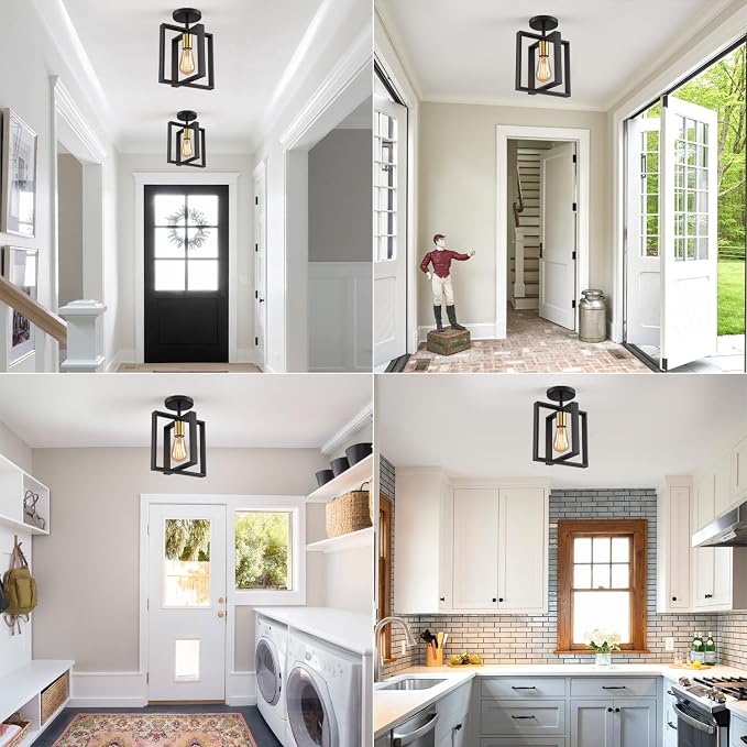 2 Pack Semi Flush Mount Ceiling Light,Black Metal Frame Ceiling Light Fixture with Golden Lamp Cup, Farmhouse Light Fixture for Kitchen Island Entryway Porch Foyer