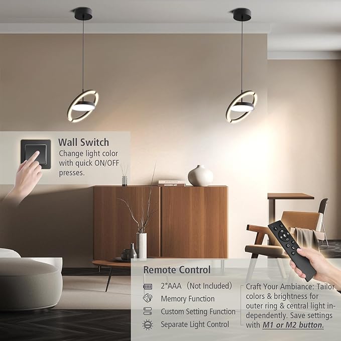 FIMEI LED Saturn Pendant Lights, 3000-6000K Dimmable Adjustable Hanging Chandelier Saturn Ring Design for Dining Room Kitchen Island Entryway Bedroom Foyer Black (Black, 2)