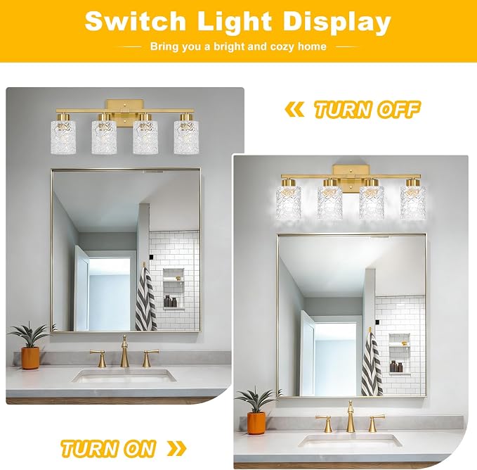 4-Light Bathroom Light Fixtures, Brushed Gold Vanity Lights Over Mirror | Wall Sconces with Clear Textured Glass Shades for Living Room Bedroom Hallway,E26 Base (Bulbs Not Included)