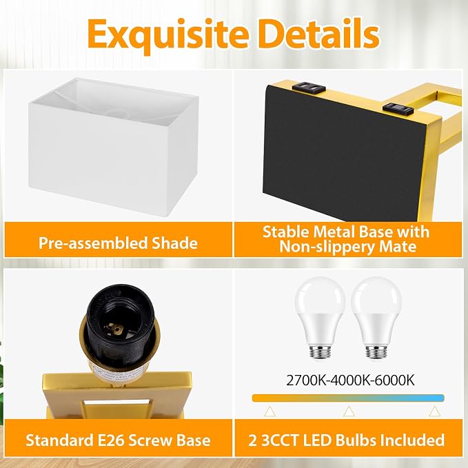 Kondras 3 Color Temperatures Touch Control Table Lamps Set of 2, Stepless Dimmable Bedside Lamps with 2 USB Ports&AC Outlet, Modern Nightstand Lamps for Bedroom Living Room, Bulbs Included, Gold&White