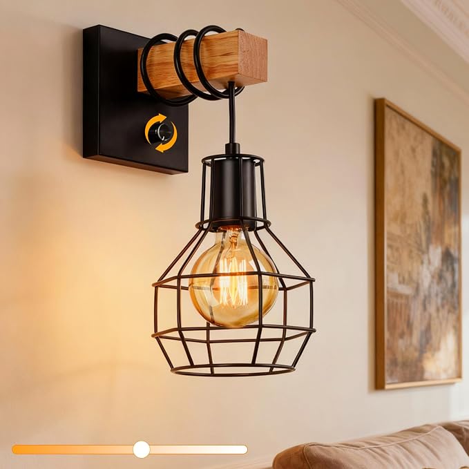Lightess Farmhouse Wall Light with Switch Hardwired Dimmable Wall Sconce | Metal Black Cage Shade Delivers Wide Light Handy Dimmer Switch, Rustic Wall Lamp Perfect For Kitchen Living Room Indoor Decor