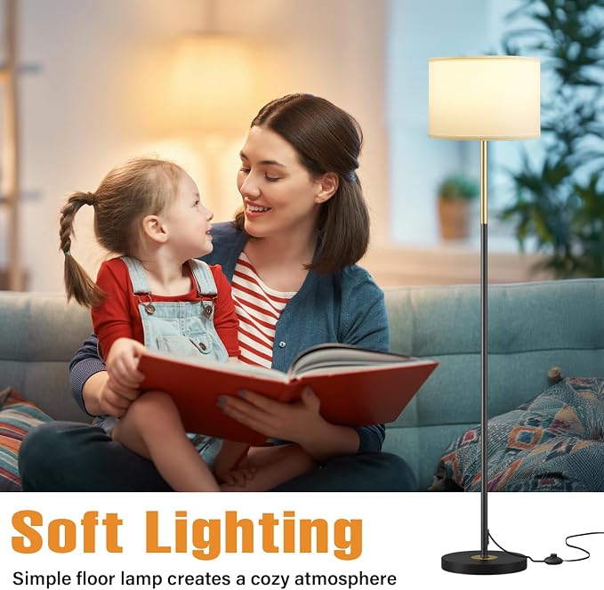 60'' Modern Floor Lamp with Shade, Tall Lamps for Living Room, Bedroom, Office, Dining Room, Gold & Black Lamp Pole(Without Bulb)
