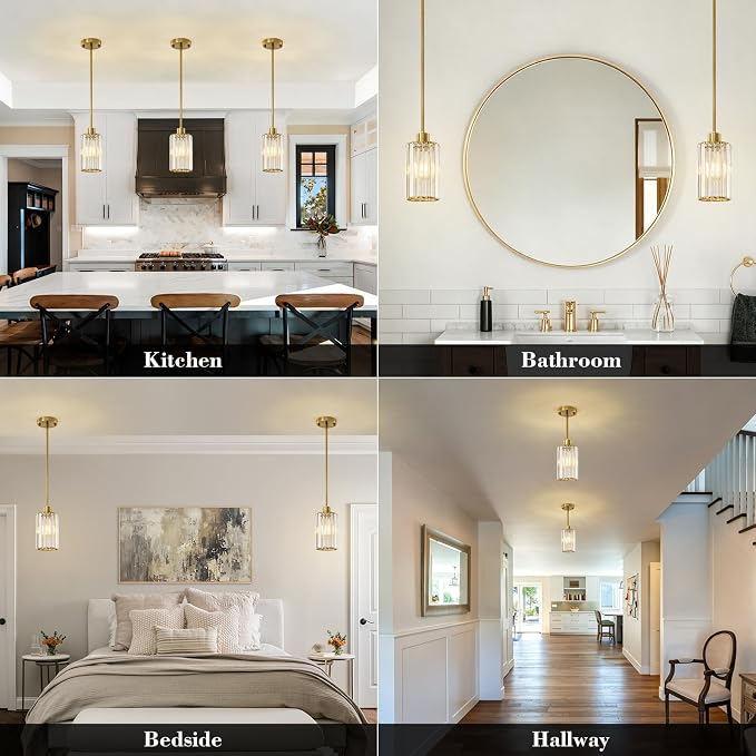 5.1" Mini Modern Brushed Gold Crystal Kitchen Island Pendant Light | Small Crystal Glass Shade, Sparkling Crystal Reflection, Customizable Hanging Height,Fits Most Ceilings, Modern Brushed Brass