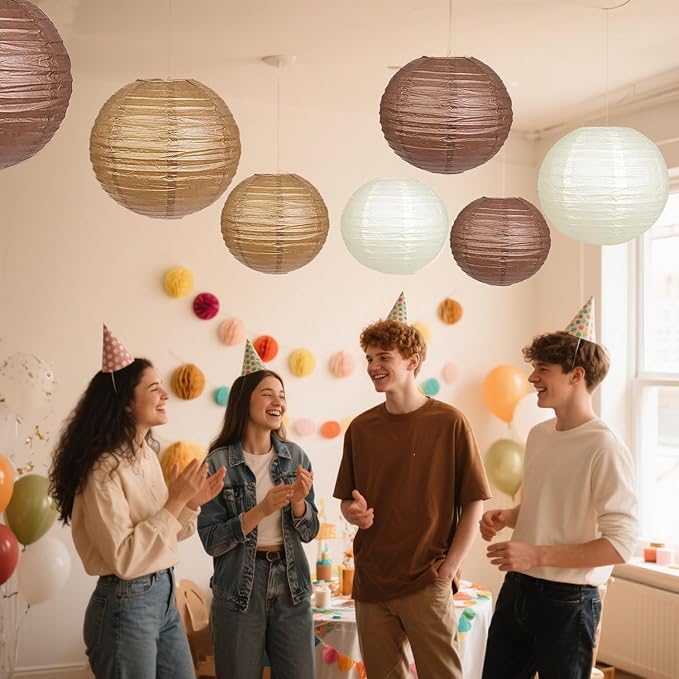 Boho Paper Lanterns, 12 Pcs Brown Nude White Chinese Lanterns Different Sizes for Baby Shower Garden Tea Party Bachelorette Birthday Wedding Party Decorations