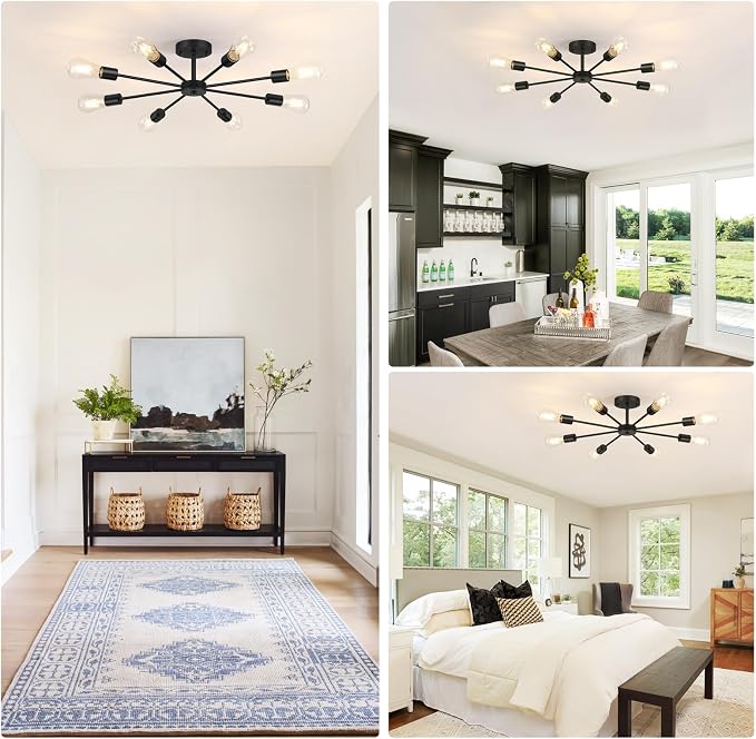Lomoky 8-Lights Semi Flush Mount Ceiling Light, Matte Black Hallway Ceiling Lighting with E26 Base, Modern Sputnik Light Fixtures for Kitchen Dining Room Bedroom Living Room