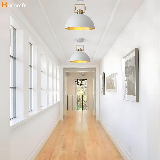 12'' Farmhouse Pendant Light 2 Pack White and Gold for Kitchen Island, Dome Industrial Metal Hanging Lighting Fixtures, Adjustable Height Dining Room Chandelier for Hallway and Foyer