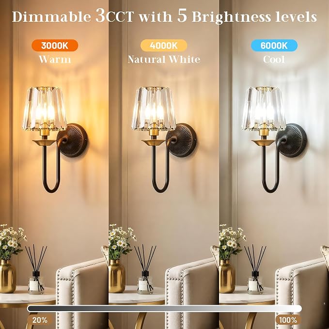 Black and Gold Battery Operated Wall Sconces Set of Two, Crystal Wireless Rechargeable Wall Lights with Remote, Dimmable 3 CCT and 12 RGB Cordless Wall Lamps for Bedroom Living Room Decor