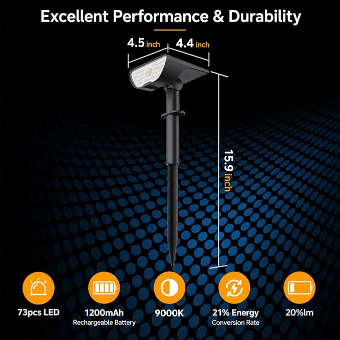 RUIKORING 73 LED Solar Spot Lights Outdoor Waterproof 4 Pack, Cool White | Landscape Spotlights with 3 Brightness Modes, Dusk to Dawn Auto On/Off, 2-in-1 Lights for Yard, Garden, Trees & Pathway