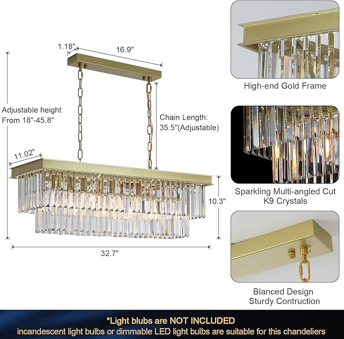 Rectangular Crystal Chandelier Gold for Dining Room Modern Chandelier Rectangle Linear Pendant Light Fixtures for Kitchen Island L33” K9 Luxury Long Chandelier for Living Room