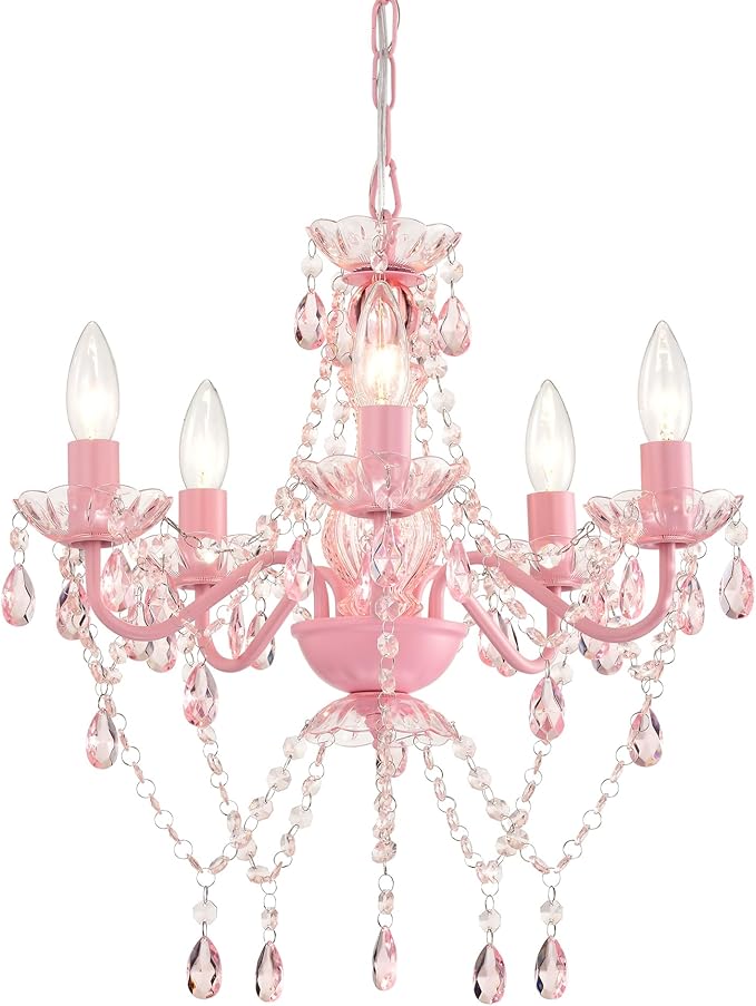 Small Pink Chandelier for Girls Room 5 Light Pink Acrylic Crystal Chandeliers Small Kids Chandelier for Bedroom