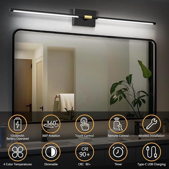 Eneru Battery Operated Wall Sconce, Rechargeable Wireless Light 1 Pack 4CCT | 10000mAh Battery Powered, Touch and Remote Control, Dimmable Wall Lamps for Indoor Living Room Hallway Picture Bedroom Black