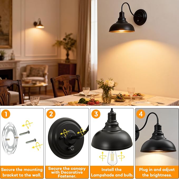 Lightess Wall Sconce with Switch Dimmable Wall Mounted Bedside Lamps 2 Pack | Industrial Farmhouse Gooseneck Dimmer Switch Matte Black Wall Mounted Lights For Bedroom Bedside Decor Set of 2