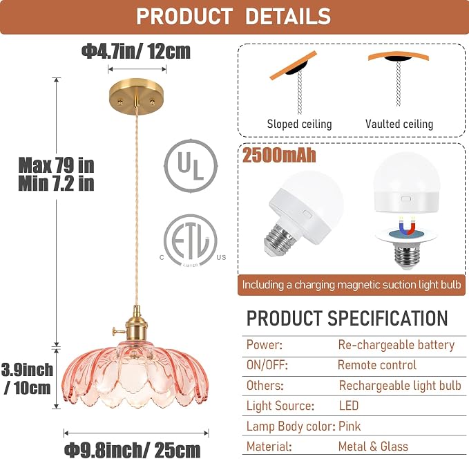 Battery Operated Pendant Light,Pink Vintage Light Fixtures RGB Rechargeable Light Bulb 2500mAh 9.8in with Remote Control Wireless Adjustable Chandelier for Kitchen Island Hallway 1 Light