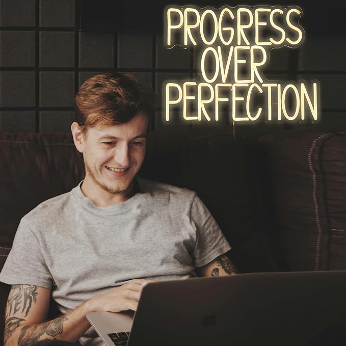 Progress Over Perfection Neon Sign for Wall Decor Dimmable Warm White Words Led Light Up Sign USB Powered LED Letters Neon Light for Classroom Bedroom Library Study Room(16.5 * 12.6In)
