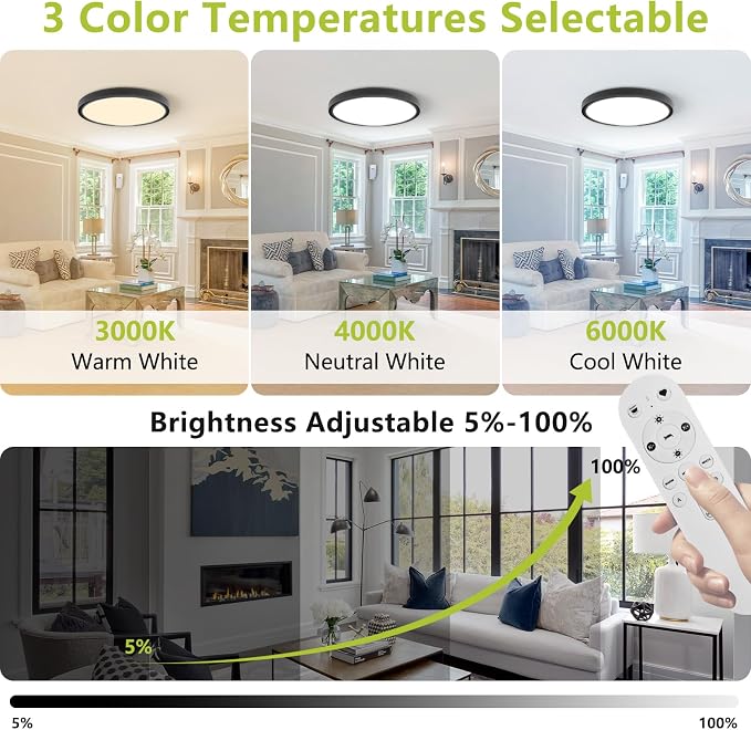 20 Inch Remote Control LED Flush Mount Ceiling Light, 42W 4200LM Dimmable & 2700K-6500K Color Temp Adjustable, Ultra-Thin Flat Round Fixtures for Bedroom Kitchen Office Apartment, Black