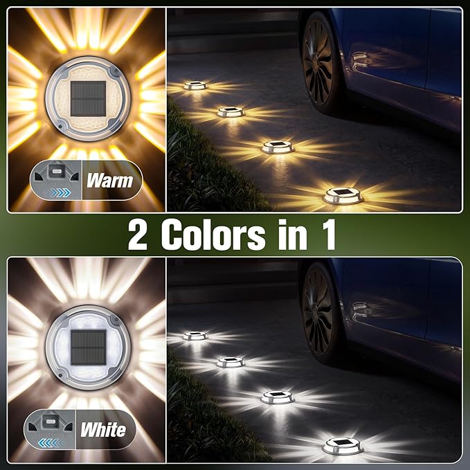 VOLISUN Solar Driveway Deck Lights Dock Marine Lights,4 Pack Solar Ground Light 2 Colors in 1 led Waterproof,Driveway Marker Light for Pathway Warning Step (White/Warm White),Auto On/Off