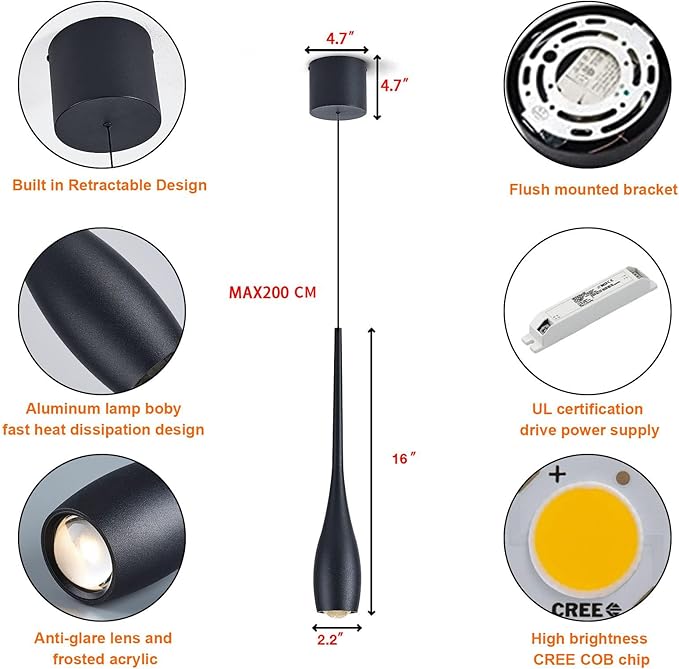 Black Pendant Light for Kitchen Island, LED Dimmable Pendant Light fixtures, Small Modern Industrial Adjustable Cord Hanging Pendant Light for Over Sink, Bar, Dining Room, Bedside