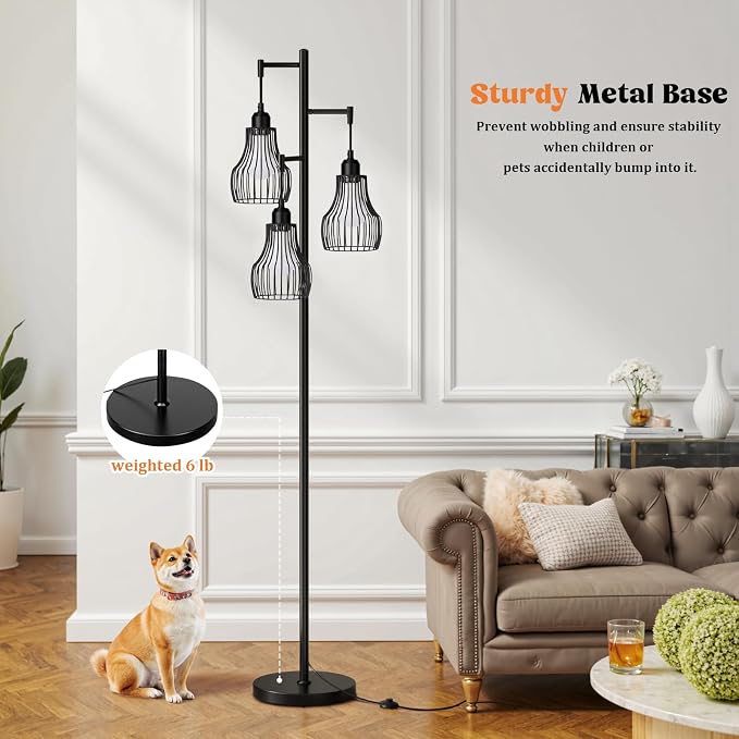 Ziisee Dimmable Floor Lamps for Living Room, Farmhouse Tree Standing Tall Lamp with Remote Control 3 Elegant Cage Shade LED Bulbs for Bedroom Office - Black