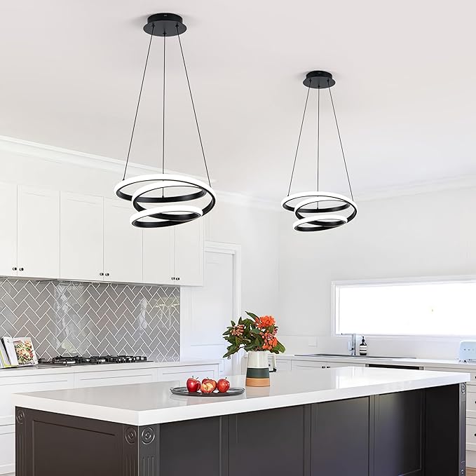 Mayful Modern Chandelier with Remote Control, 3-Color Dimmable LED Pendant Light Fixtures, Height Adjustable Kitchen Island Lighting for Dining Room,Bedroom,Living Room,Foyer,Office Black 13.78 inches