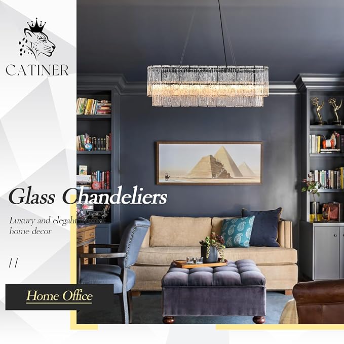 Black Rectangle Chandeliers for Dining Room Modern Crystal Glass Island Light 6-Light Chandelier Luxury Rectangular Linear Hanging Pendant Light Fixture for Kitchen L35.5”