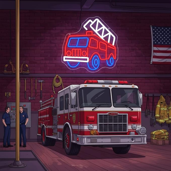 Fire Fighting Truck Neon Sign for Wall Decor Dimmable Fire Truck Neon Light for Man Cave Birthday Gifts for Man Firefighter Fireman LED Sign for Fire Station Garage Bedroom Size11.9 * 11.8In(WZCP210)