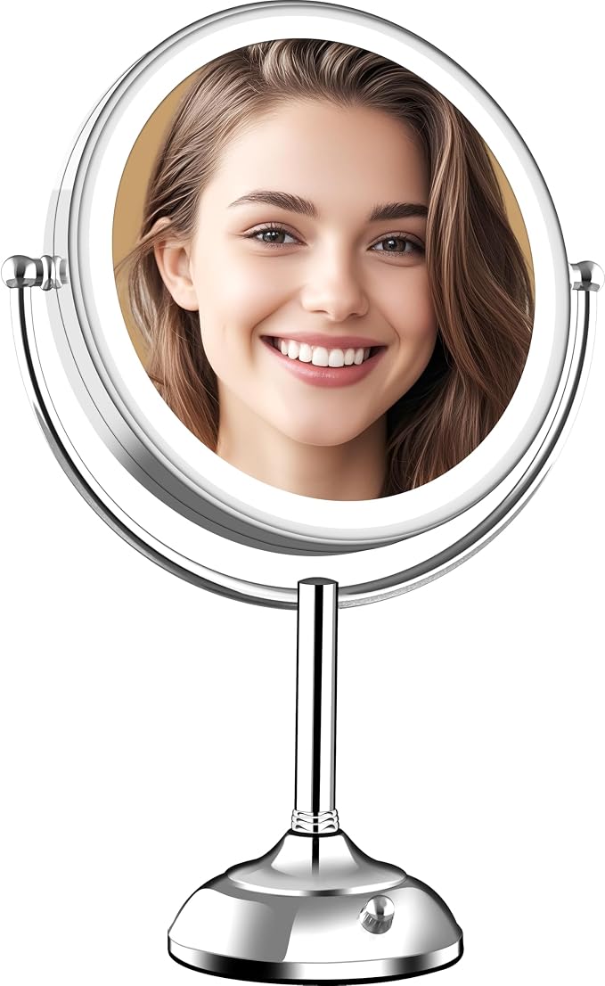 11.8" Extra Large 17" Tall Lighted Makeup Mirror, 1X/5X/10X 3-Sided Magnifying Mirror with 96 LEDs, 3 Color Dimmable Lights, 360° Swivel Dual Power Vanity Mirror, Silver Nickel Luxury Gift Box
