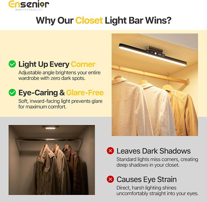 Ensenior 4W Motion Sensor Rechargeable Light Bar, Closet Lights | 2000mAh, Dimmable, Eye-Friendly, 3 Colors CRI85+, Battery Display, Wireless, Remote Control, Magnetic 130° Rotatable,Stick on