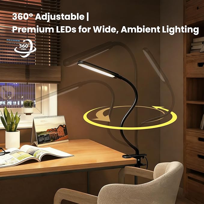 LED Desk Lamp with Clamp for Reading,Nail Art & Painting | 3 Color Modes,10 Brightness Dimmable,Clip Lamp for Easel,Salon Manicure,Reading and Nail Art & Painting
