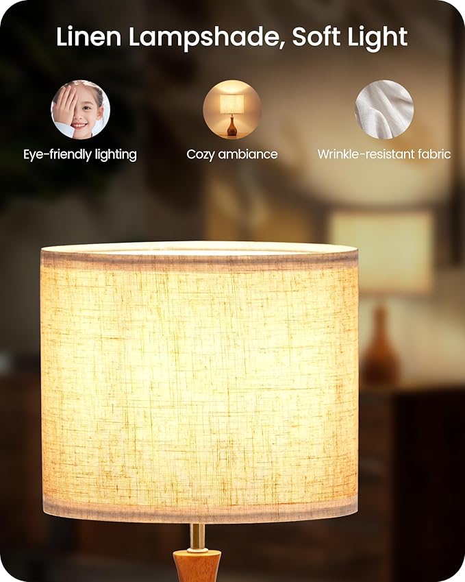 Wood Table Lamps Set of 2, Small Bedside Lamps Set of 2, Beige Linen Lampshade & Dark Pearwood Base, 14.2" Small Table Lamp, Nightstand Lamps for Bedroom, Small Space, E26 Socket, LE09TLP205