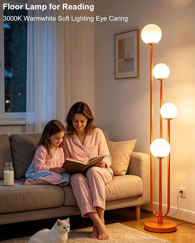 Lightdot Orange Globe Floor Lamp 4-Lights Dimmable Floor Lamps with 3000K Bulbs Included Unique Mid Century Modern Tall Standing Lamp with 5Lbs Heavy Base for Living Room/Bedroom/Sofa Beside