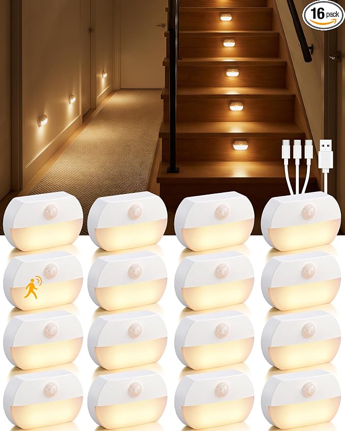 16 Pack Rechargeable Motion Sensor Night Lights, Indoor Stair Light | Wireless Peel and Stick On Hallway Light, Portable LED Lights for Staircase Closet Cabinet Bathroom