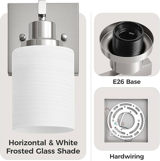 Bathroom Wall Sconces Set of 2,Brushed Nickel Wall Sconce,Vanity Light with White Glass Shade Wall Mounted Light Fixture,Farmhouse Wall Lamp for Bedroom Living Room Mirror Hallway