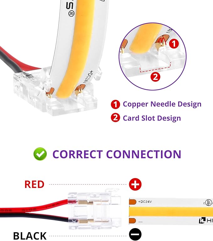 HitLights LED Strip Connector 2Pin 10mm Connector Kit Include Gapless Connector, Jumper Connectors, Pigtail Connector, DC Female and Connector, DC Jack Splitter for COB/2835 Single Color LED Strips