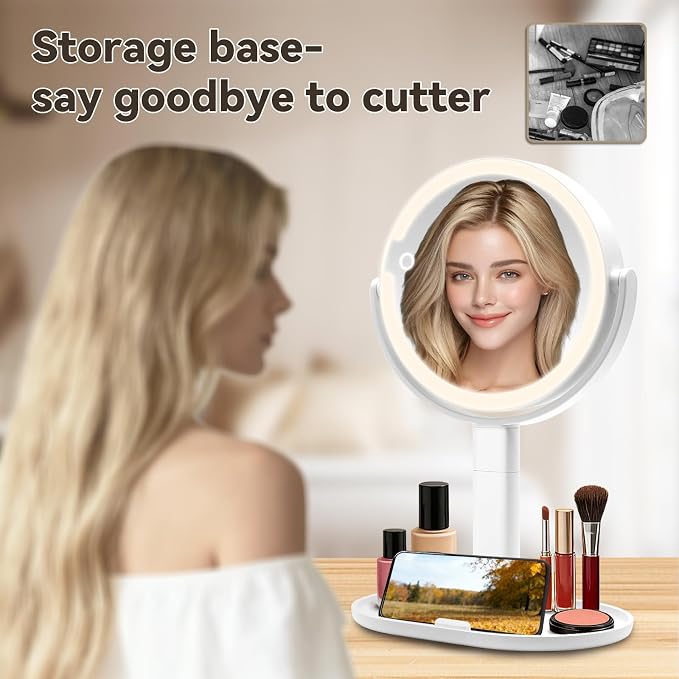 Makeup Mirror with Lights, 80 LED Dual-Sided Lighted Makeup Mirror with Magnification, Desk Mirror (1X/10X) with 3 Color (4000K-8000K) & Touch Dimmer, Rechargeable 2000mAh Battery, Gift for Women