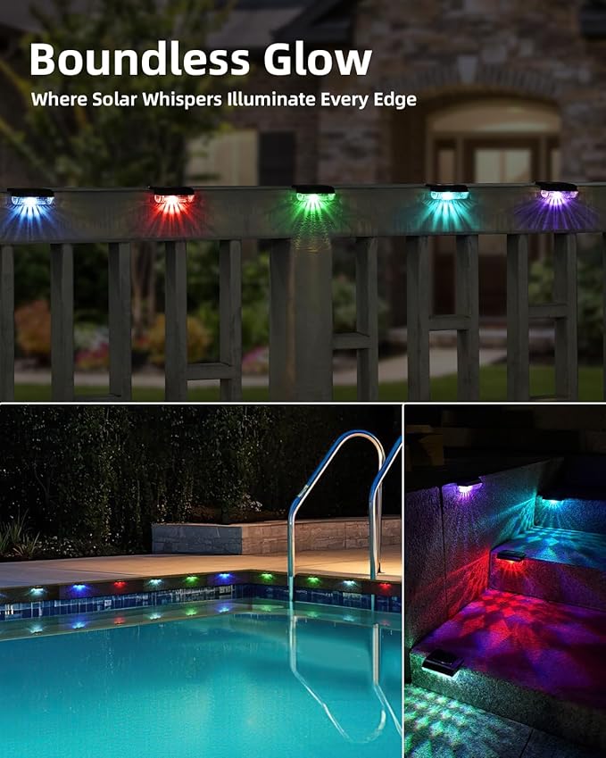 24 Pack Solar Fence Lights Outdoor RGB Solar Deck Lights Waterproof Led Step Lights for Outdoor Stairs, Auto Dusk-to-Dawn, Low Profile, for Vinyl Fence Railing Deck Patio Yard(Color Changing)