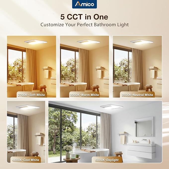 Amico Bathroom Exhaust Fan with LED Light, 110 CFM, 1.0 Sones, 5CCT, 90 CRI | 1000LM, Ceiling Mount Shower Ventilation Fan, No Attic Access Needed, 4 Inch Duct, 9.4'' x 9.4'' Ceiling Opening, ETL & FCC